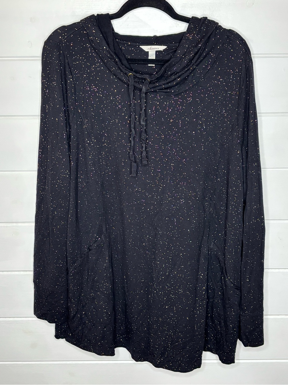 Soma Black Gold Speckled Cowl Neck Tunic Top w/Pockets Size XXL Soft Stretch - Picture 2 of 11